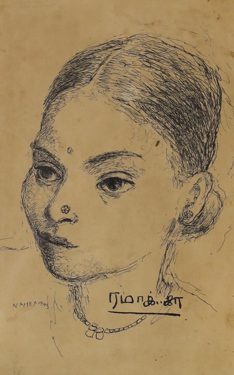 John Napper (1916-2001), pen and ink, Study of an Indian girl, signed and dated 1943, 23 x 14.5cm